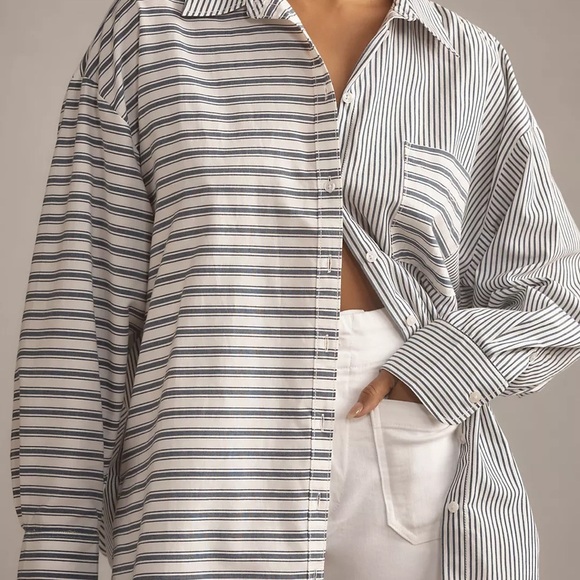 Anthropologie Maeve Bennet button down  blue/white color block shirt size medium - Picture 6 of 12